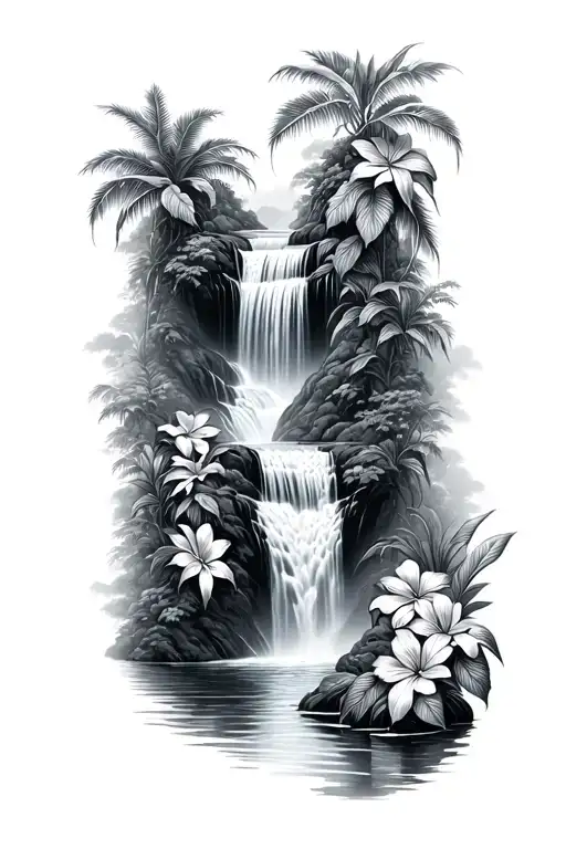 Waterfall With Tropical Flowers