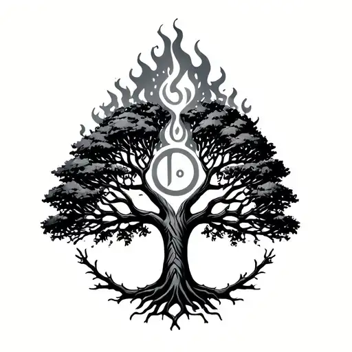 Tree Of Life With Fire Rising And A Piece Sign In The Trunk
