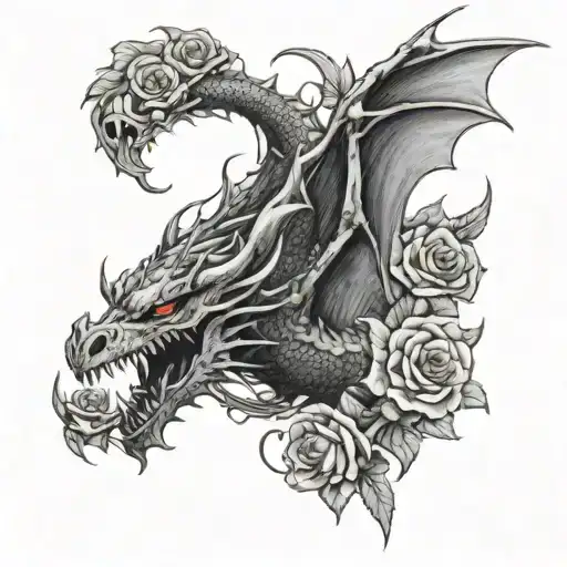 A Large Dragon Flying With Skulls And Roses In The Background
