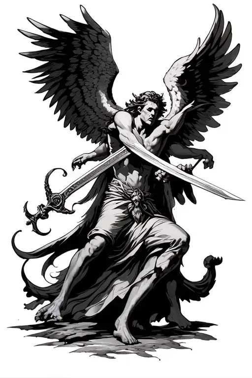 An Angel Flying Sword Fighting A Demon Holding A Sword