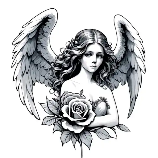Beautiful Angel With A Skull And Rose