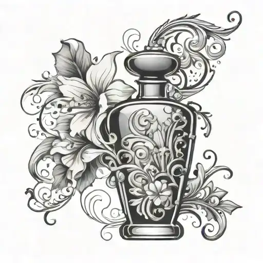 An Artistic Tattoo Of A Perfume Bottle Surrounded By Swirling Abstract Designs And Floral Patterns
