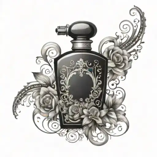 An Artistic Tattoo Of A Perfume Bottle Surrounded By Swirling Abstract Designs And Floral Patterns