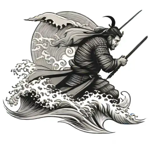 A Samurai Warrior Battling Against A Backdrop Of Japanese Waves
