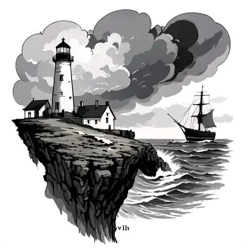 Lighthouse On A Cliff Overlooking The Ocean With A Storm A Approaching And A Ship Nearby