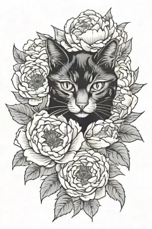 Black Cat Wirh Peony Flower Blooming