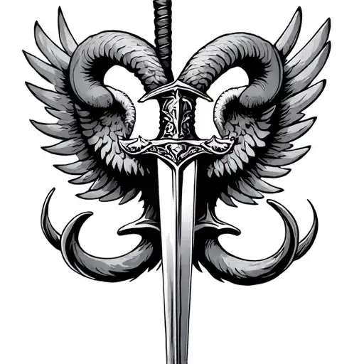 Aries And Sword With Wings Spread