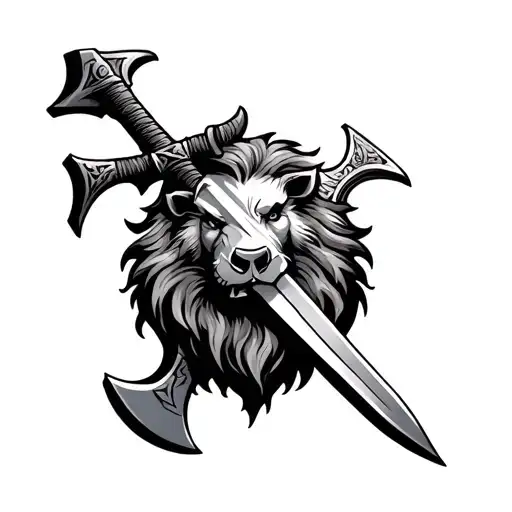 Olde English Lion Boar Axe Sword Cross