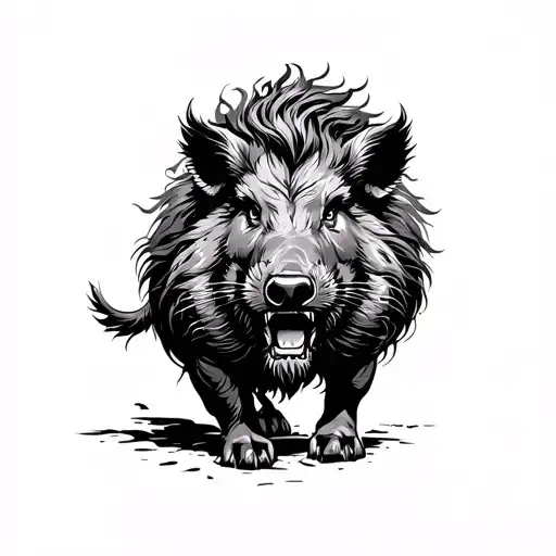 English Lion Wild Boar Charging