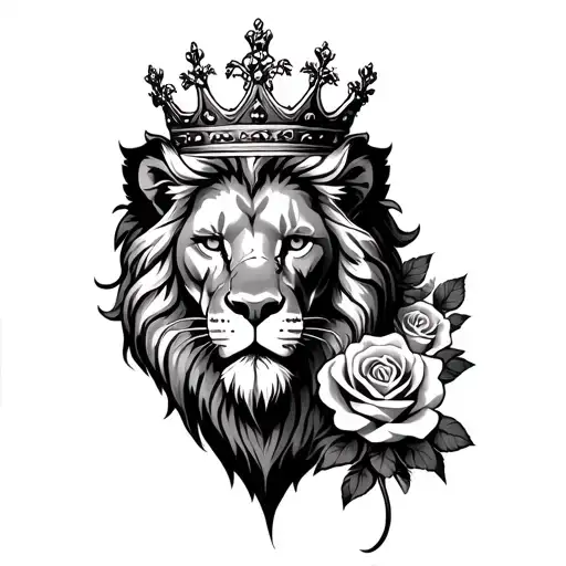 Male Lion With Crown And Scars And Roses Growing