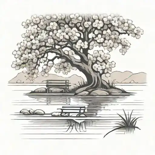 Peach Tree Bench On A Lake Scene