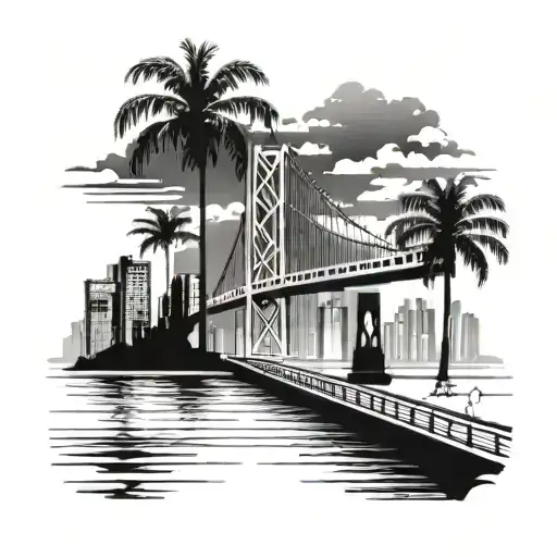 Bay Bridge With Palm Trees Water And Skyline Buildings