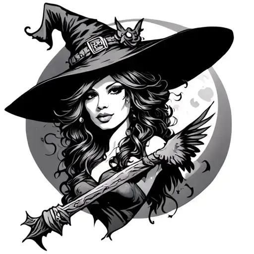 Witch Hot Sexy Pointy Hat Moon Behind Witch Flying