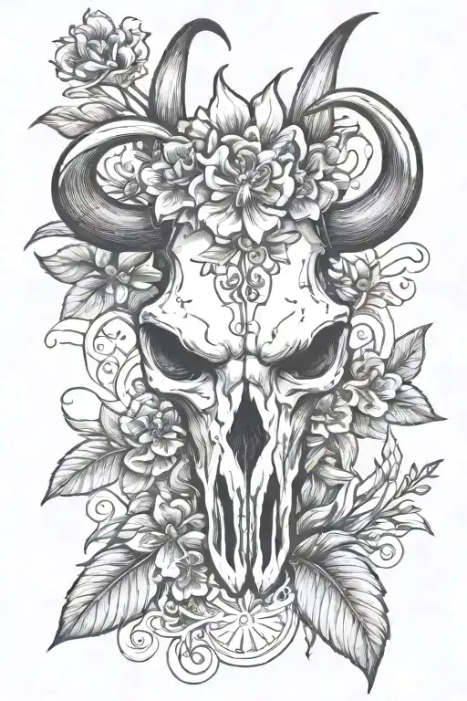Bull Skull Surrounded By 3 Leaf Clovers And Lily's