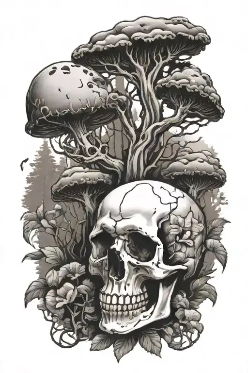 Skull With Mushrooms Dark Forest Landscape