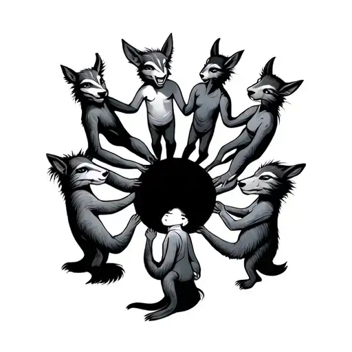 8 People With Animal Heads Holding Hands And Dancing In A Circle Simple