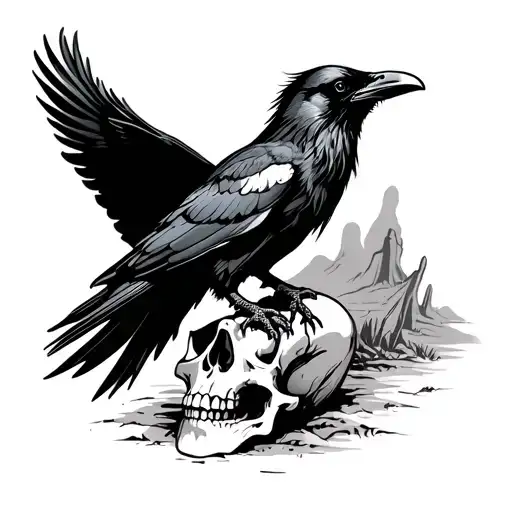 Raven Perched On A Skull Desert Background Black