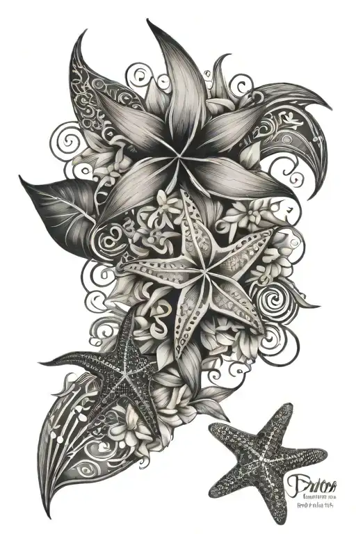 Hawaiian Flower Music Notes And Starfish Tattoo With Symphonic Love Wrapped Through It