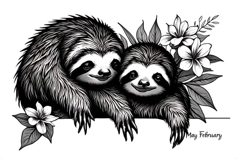 Sloth & Baby Sloth With Birth Flowers May September & February