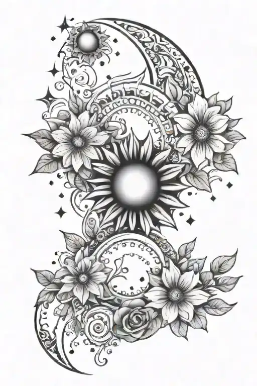 Dainty Sun Moon And Stars With Flowers And Dots