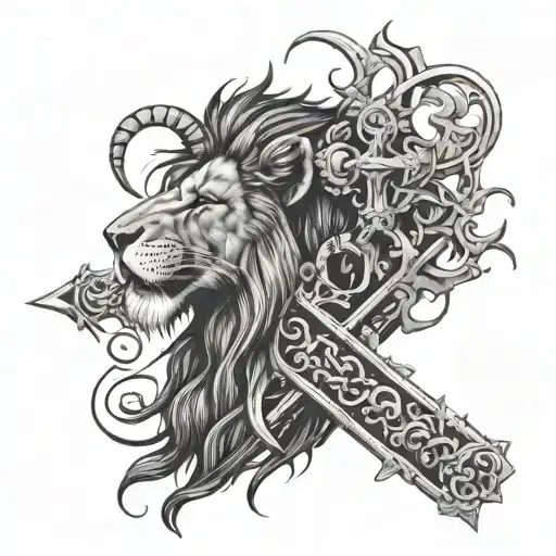 Cross With Thorns Lion Head Profile And Lamb Looking