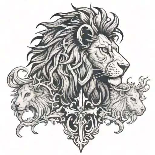 Cross With Thorns Lion Head Profile And Lamb Standing