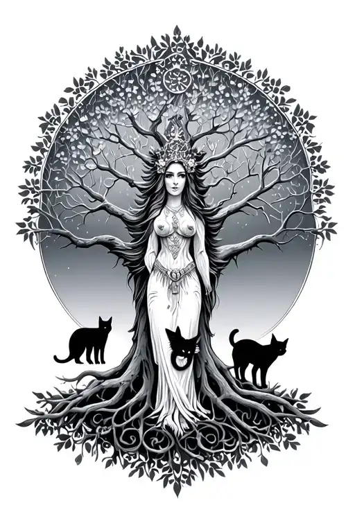 Godess Freya As Tree Of Life With Cats In The Tree