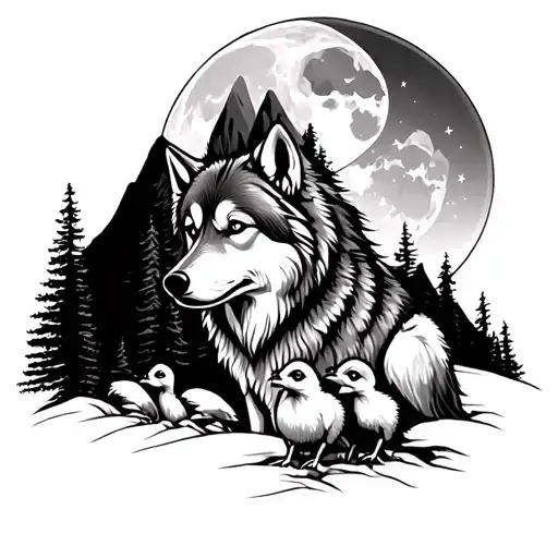 Wolf With Two Chicks On Full Moon In The Background Of The Mountain Around The Forest