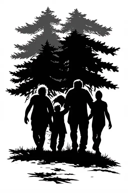 Family Walking A Path In The Forest