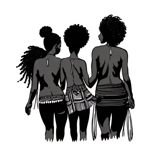 Line Drawing Of Two African Women Holding A Boy Hand's Between Them Walking Away