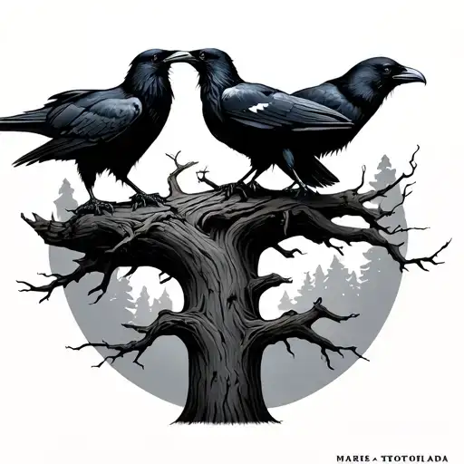 Nordic Tree With 2 Ravens Perched Atop