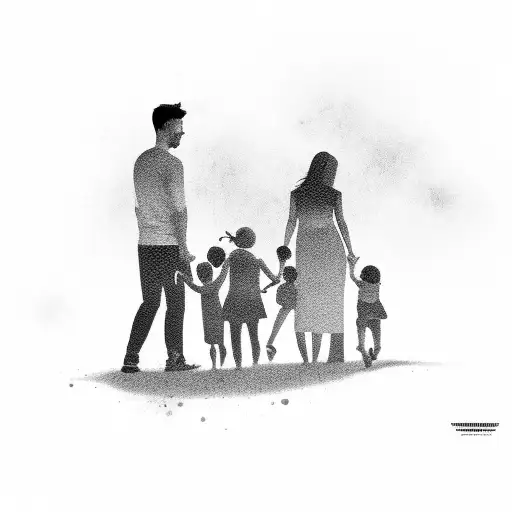 4 People Family Silhouette With Little Girl And Older Brother And Mom And Dad