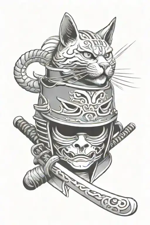 Cat Samurai Helmet And Katana Sword In Jaw
