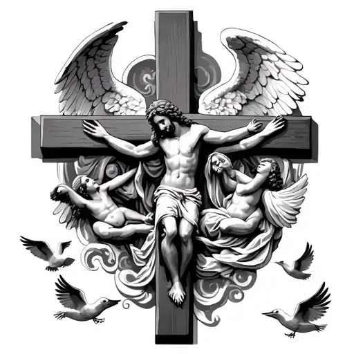 Cross With Jesus Christ Surrounded By A Angel And Doves