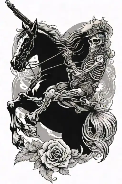 A Female Skeleton Holding A Pistol On A Horse With A Western Background