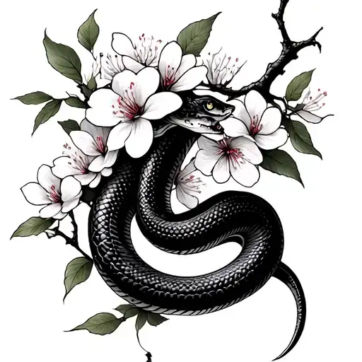 Cherry Blossom Branch With Snake Intertwined