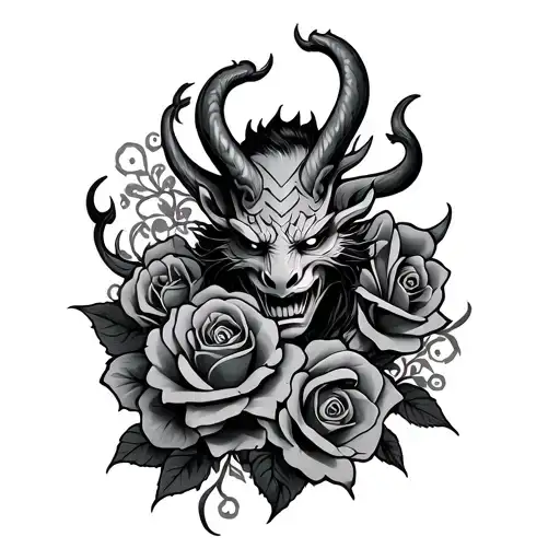 Japaneese Demon With Roses Intertwined