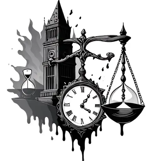 Melting Libra Scale With Broken Clock Tower And Hourglass