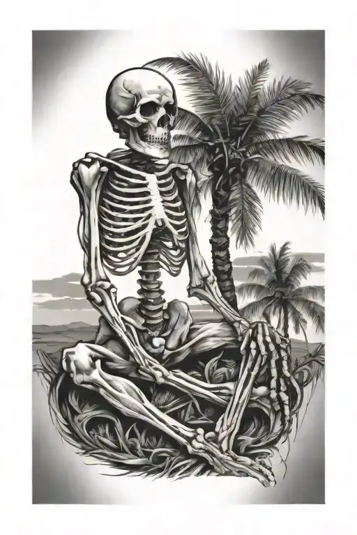 Palm Tree And Skeleton Sitting