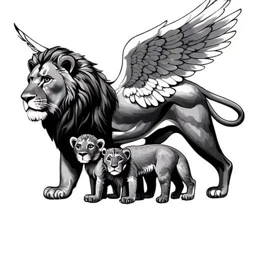 Lion With Cubs One Cub Angel Wings