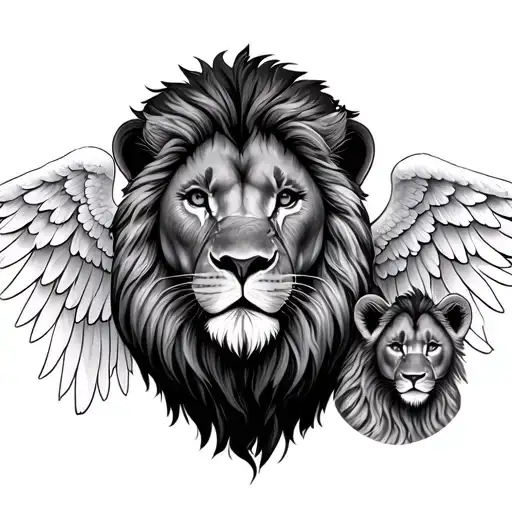 Lion Face With Cub Faces One Cub Has Angel Wings