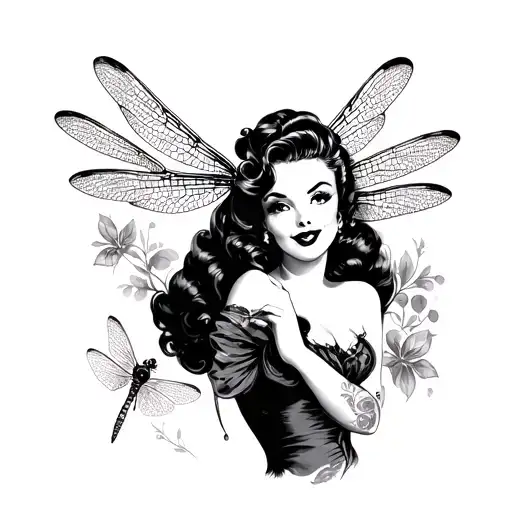 50S Pin Up Girl With Dragonfly Tattoo Design