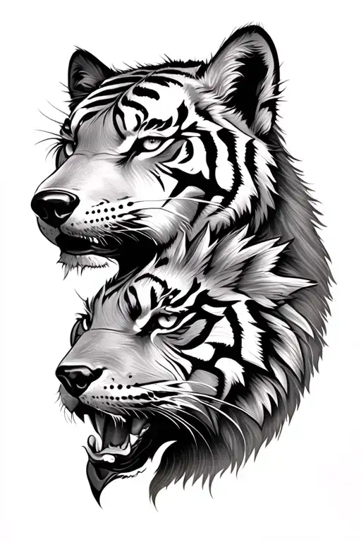 Half Tiger Face And Wolf Face Tattoo Design Inspired