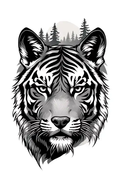 Half Tiger Face On Forearm Tattoo With Wolf Face And Woods Above It