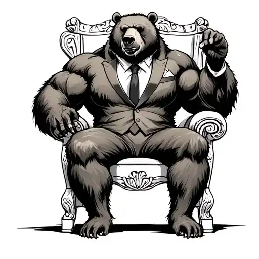 Muscular Grizzly Bear Sitting On A Throne In A 3 Piece Suit With No Tie