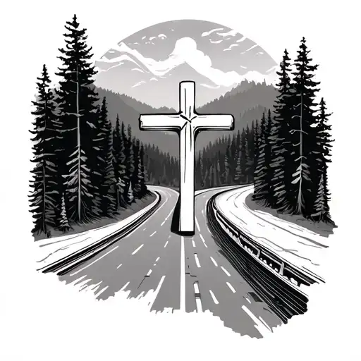 A Winding Highway In The Forest With A Giant Cross Covering The Road In The Foreground