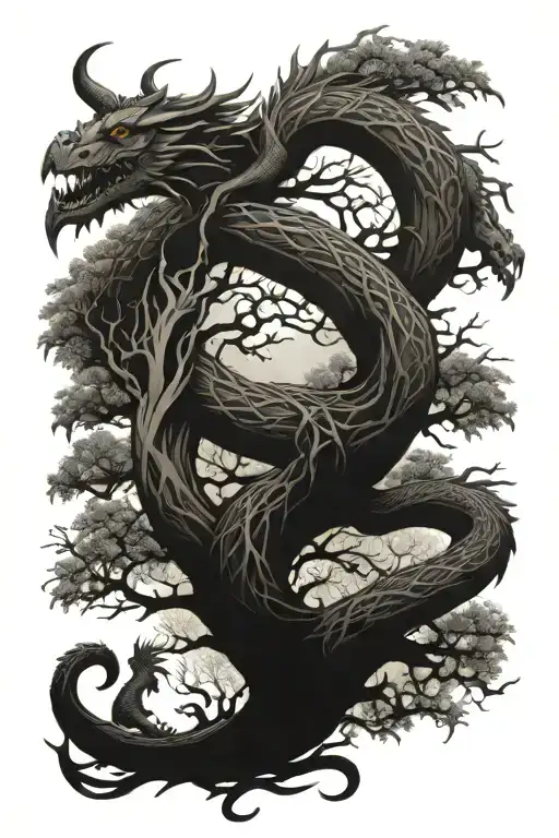 Dragon Wrapping Tail Around Yggdrasil Tree