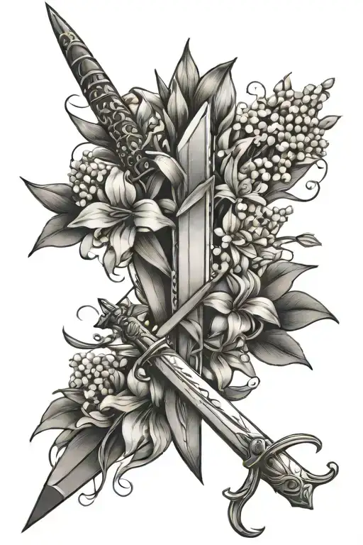 Feminine Sword With Daffodils And Lily Of The Valley Wrap And Origami Cranes