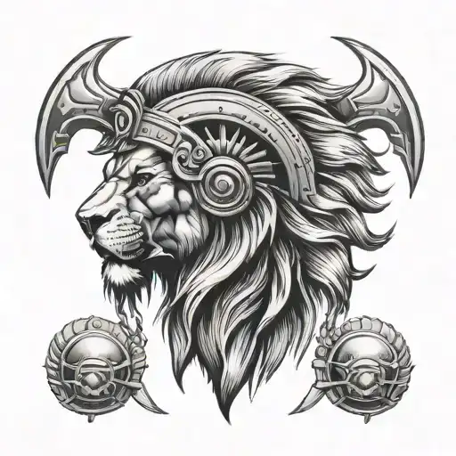 Lion Head Above A Spartan Helmet Hanging