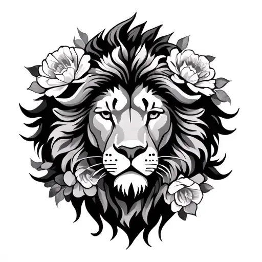 Neo Traditional Lion And Flowers